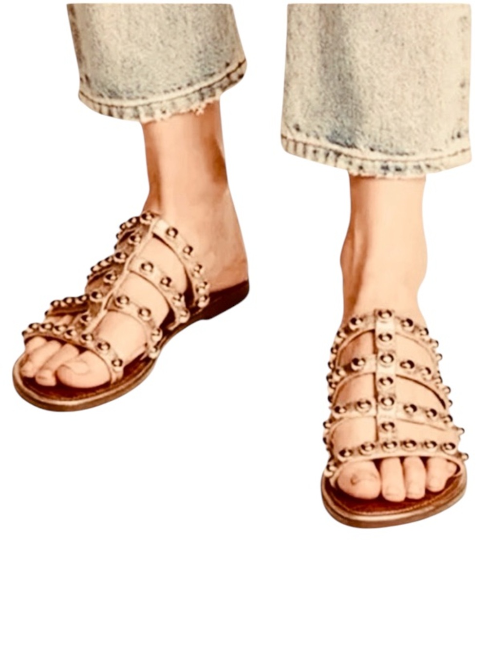 Sam Edelman Juniper Gladiator Nude Tan Studded Strappy Slide Low Heel Sandal 7
